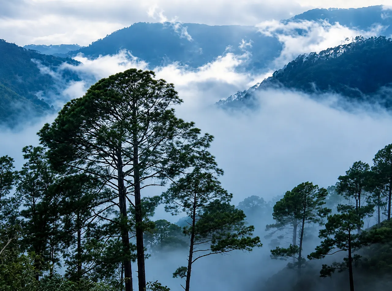 Pine-covered hills rising through morning cloud at Lambasingi