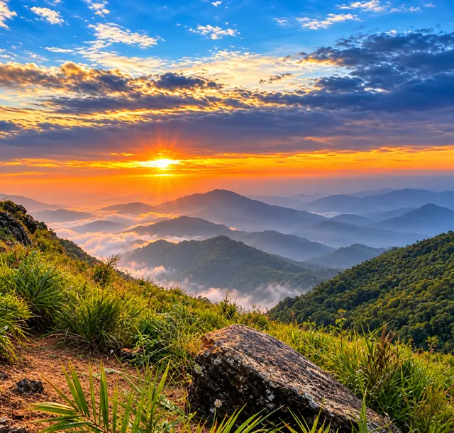 Sunrise over layered mountain ridges at Vanjangi