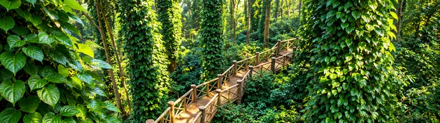 A wooden bridge through a green plantation trail