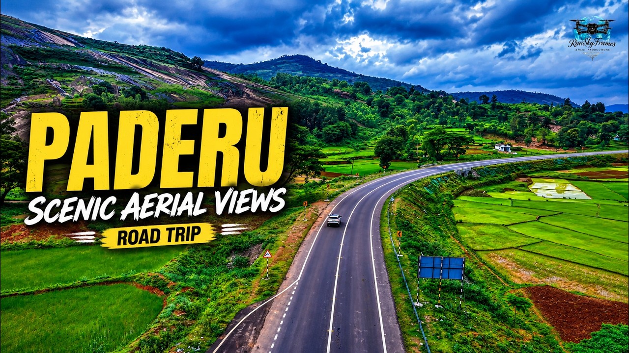 Aerial view of a winding road through green Paderu hills